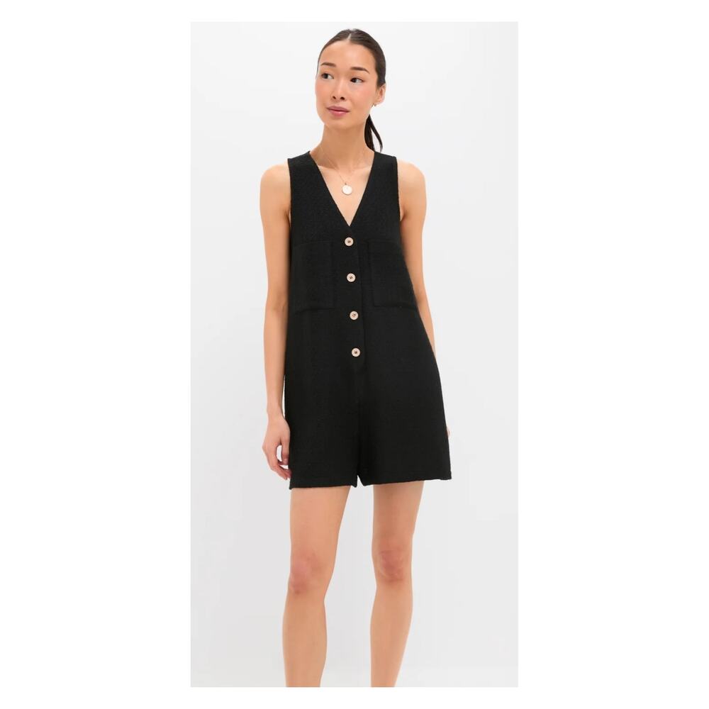 Tuckernuck Black Textured Myla Romper Gold Buttons One Piece Sleeveless Shorts L